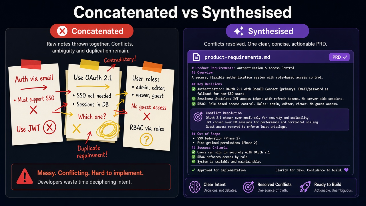 Concatenated vs synthesised PRD — conflicting notes on the left, one reconciled Markdown PRD on the right