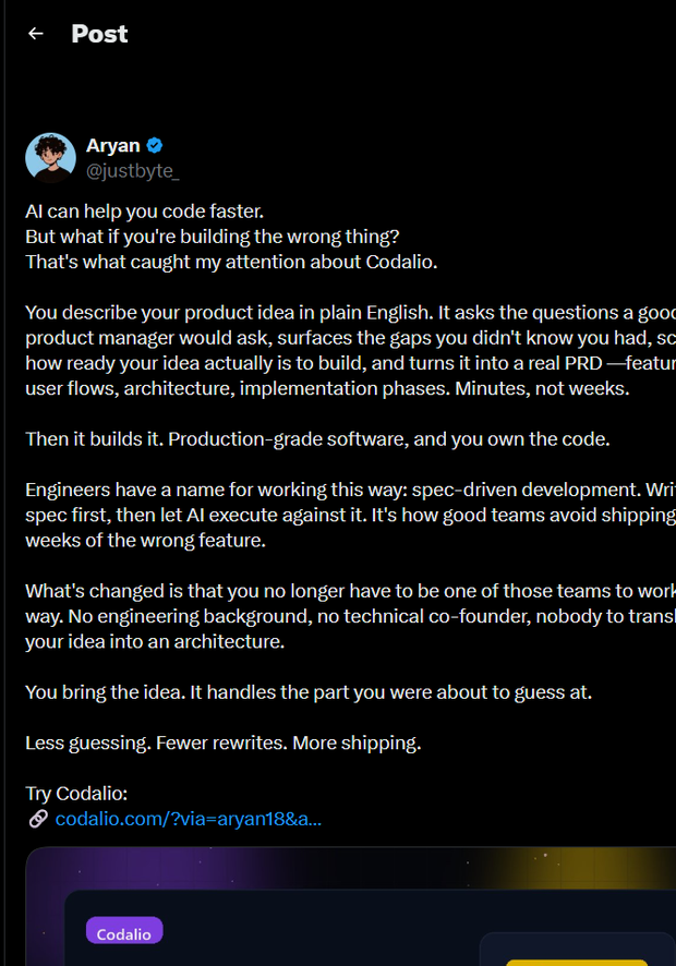 Sample X post by @justbyte_ promoting Codalio
